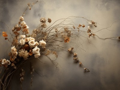 Bouquet Of Dried Flowers Is On A Grey Wall