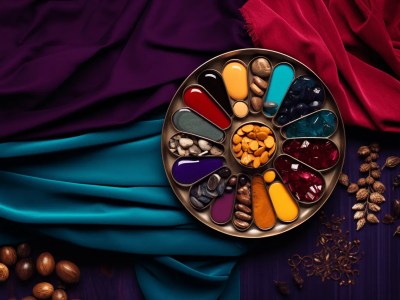 Bowl Of Peanuts And Nuts In Red, Purple, And Blue On A Background Of Silk