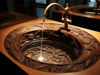 Bowl Of Water In The Sink Is Made From Wooden Carvings