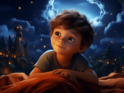 Boy On A Bed Looking Up At The Sky And At The Night Sky