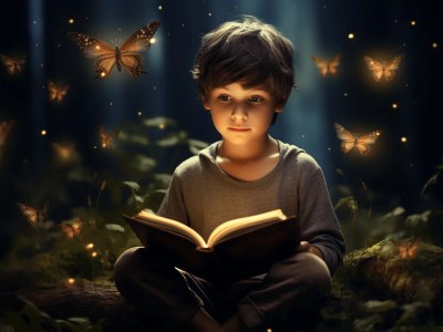 Boy Reading In The Forest At Night With Butterflies Flying Around Him