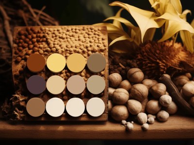 Brown Palette Sits Next To A Collection Of Nuts And Flowers