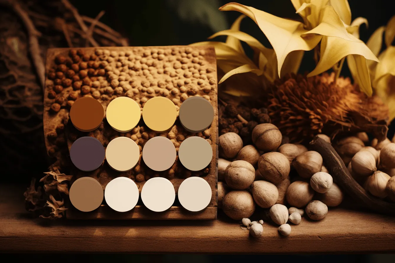 Palette of four colors on the floor, earth tone color palette, primitivist elements, light brown and gold, nature-inspired imagery, sabattier filter, dot-painted colors, optical blending, wood