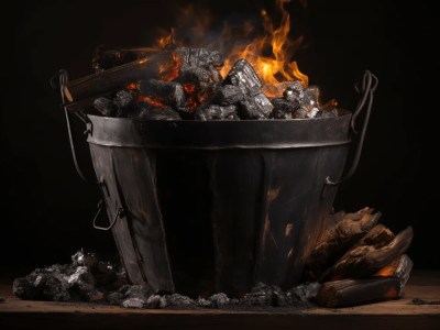 Bucket Of Coal On A Table With Fire In It