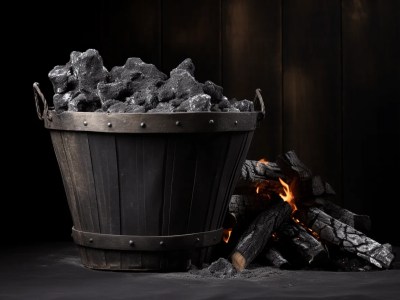 Bucket With Coal Set Next To Dark Wood