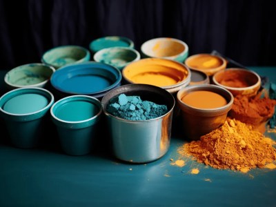 Buckets Of Yellow, Orange And Blue Paint