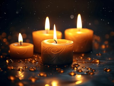 Burning Candles, Water Drops In The Night Dark Background