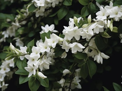 Bush With White Flowers Is Surrounded By Green Leaves