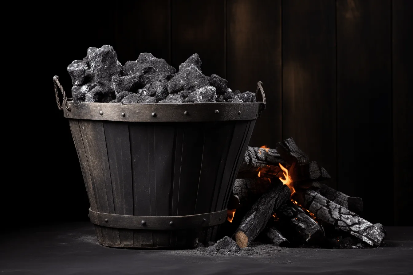 Iron bucket stacked with coal sitting on gray wooden background, caravaggesque, canon eos 5d mark iv, photo taken with nikon d750, creative commons attribution, pop-culture-infused, rtx on