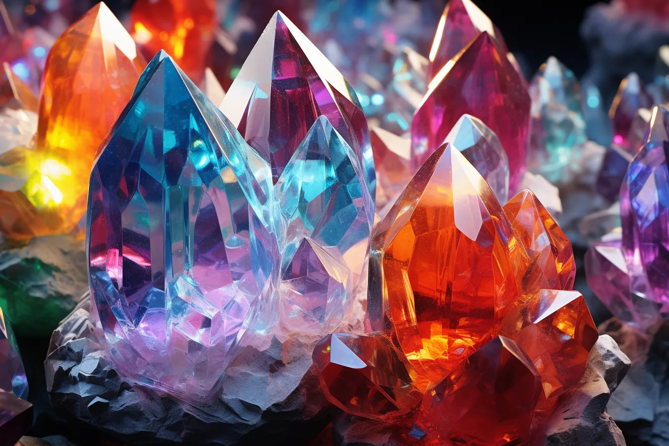 Colorful crystals are seen in this shot, realistic still lifes with dramatic lighting, dark orange and light azure, dark pink and turquoise, baroque energy, fragmented icons, depth of field, ultra detailed