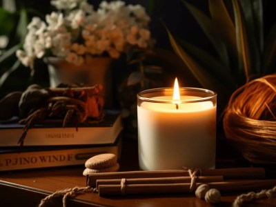 Candle On The Table With Books And Wooden Spoons