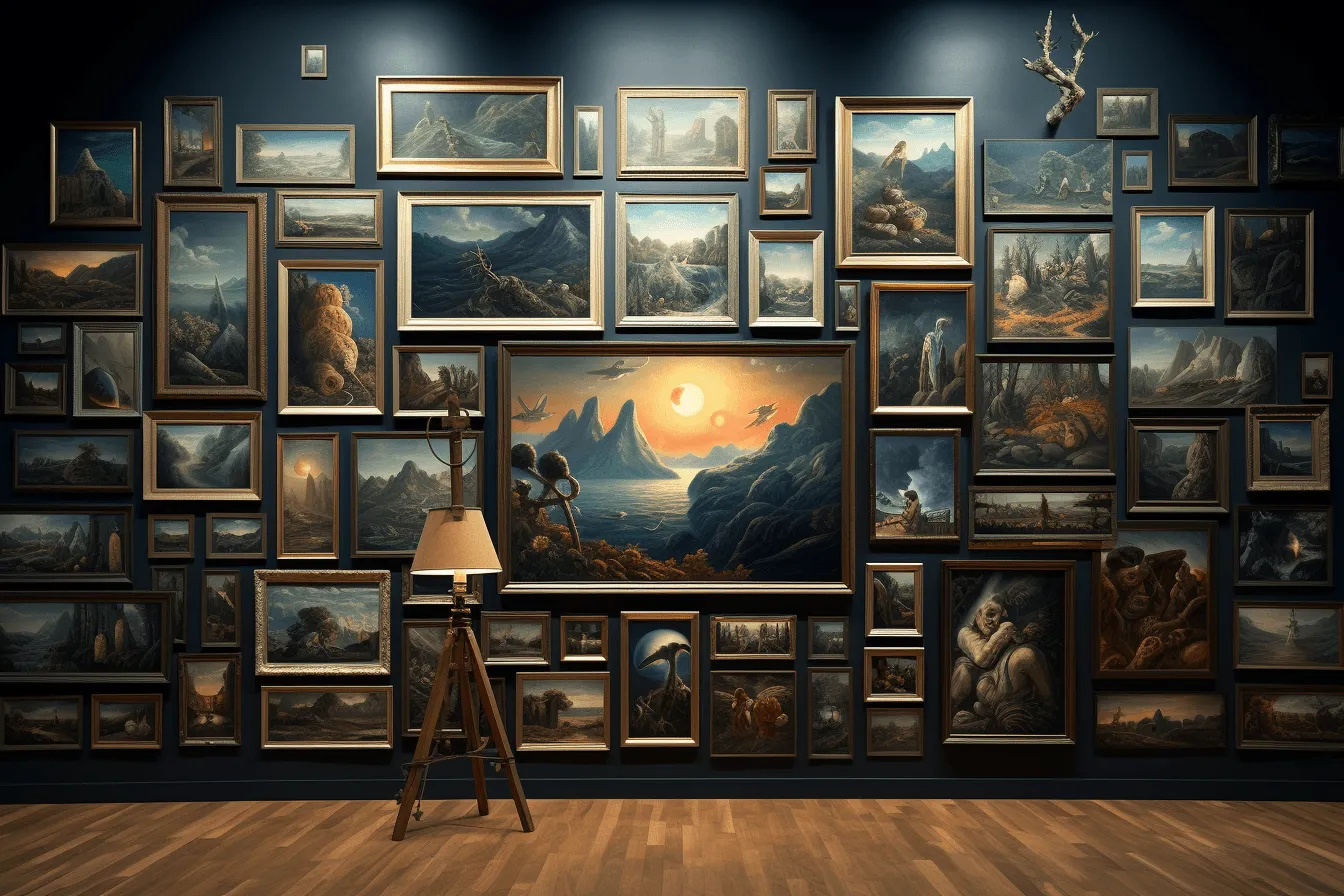 Room with pictures, realistic surrealism, dramatic splendor, museum gallery dioramas, rim light, tonalist paintings, mountainous vistas, dark blue and bronze