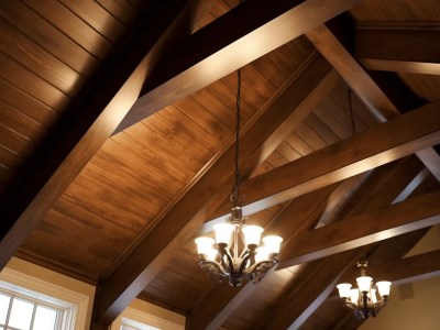 Ceiling Beam With Wooden Beams And Chandeliers