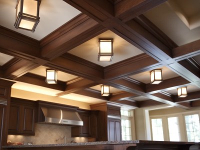 Ceiling In A Wood Kitchen Is Lit Up With Wooden Light Fixtures And Lights