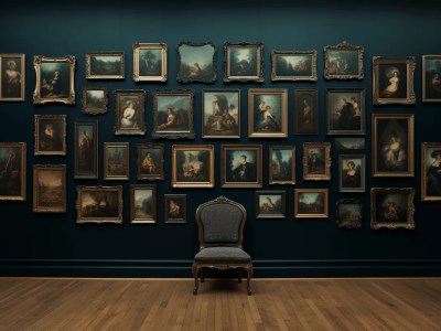 Chair Is Sitting Near A Dark Room Displaying Paintings On The Wall