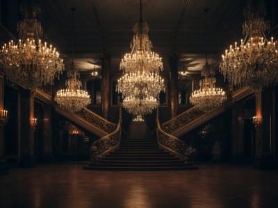 Chandeliers In A Old Grand Hall With Stairs