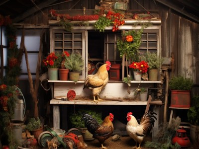 Chicken Coop With Several Pots And Different Kinds Of Vegetables