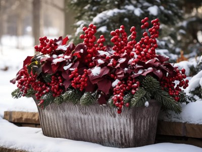 Christmas Planter In The Snow With Red Berries