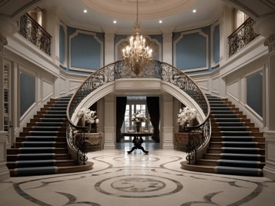 Circular Staircase With Ornate Chandelier And Blue Wall