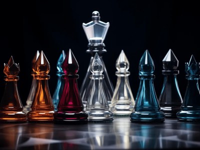 Clear Chess Pieces In Various Colors, On The Background Of A Dim Background