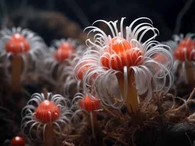 Closeup Shot Of White And Orange Mushrooms Growing In The Dark