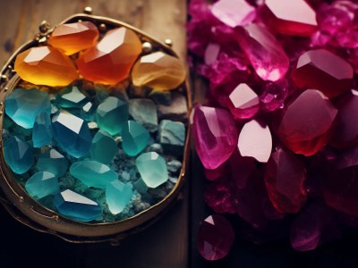 Colorful And Iridescent Gemstones In An Antiquestyle Tray