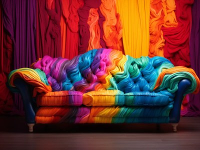 Colorful Couch With Curtains In Front Of A Wood Floor