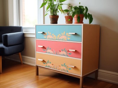 Colorful Painted Dresser In A Room With Two Potted Plants Inside