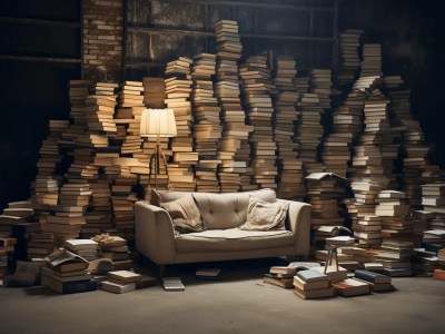 Couch And A Lamp Sitting In Front Of Piles Of Books