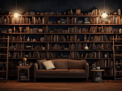 Couch And Books On A Dark Book Shelves