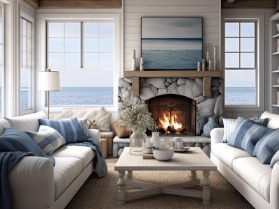 Cozy Living Room With A Fireplace And Ocean View