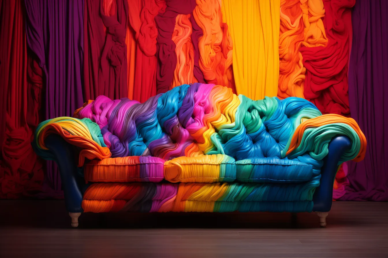 Colorful couch by oscar cavalon, flowing draperies, uhd image, colorful absurdism, subversive fiber art, spectacular backdrops, use of fabric, color gradient