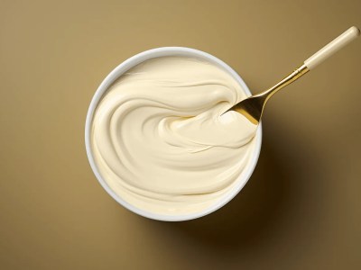 Cream White Whipped Cream With A Spoon On Gold Background 3D View Shot Toon