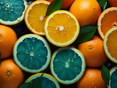 Cut Oranges And Lemons With Water Droplets