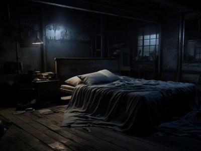 Dark Bedroom With A Bed And White Sheets