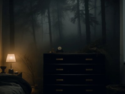 Dark Bedroom With A Tree And A Dresser