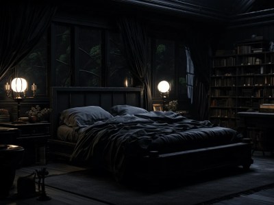 Dark Bedroom With Lamps On It And Bookshelves