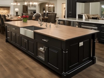 Dark Black And White Kitchen With An Island And Island