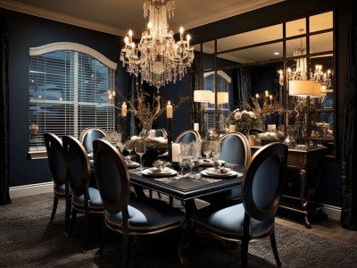 Dark Blue Dining Room With A Chandelier Centered In A Corner