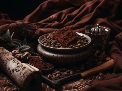 Dark Chocolate, Coffee Leaves And Spices On A Dark Background