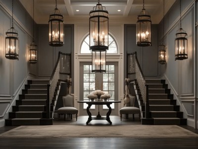 Dark Foyer With Steps And Chandeliers