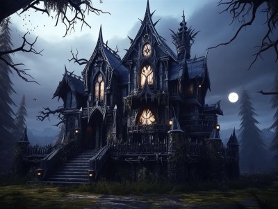 Dark Gothic House Overlaid With Trees At Night