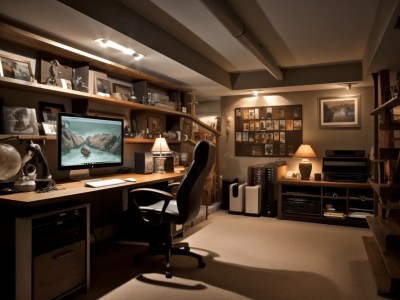 Dark Home Office Has A Computer And Desk