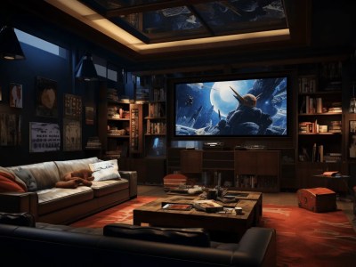 Dark Living Room With Bookshelves, Sofas, And An Aquarium