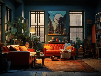 Dark Room With An Orange Sofa And Green Rug