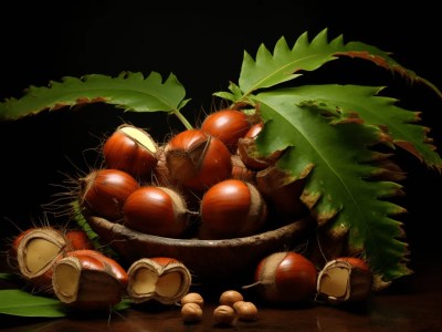 Dark Room With Few Chestnuts, A Leaf And Nuts