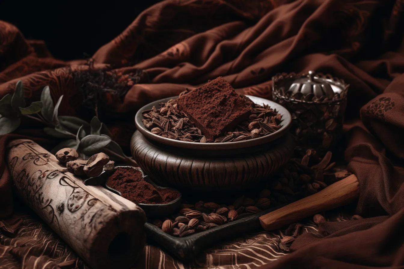 Chocolate powder coffee beans on cloth plate black, historical genre scenes, atmospheric woodland imagery, iban art, sabattier filter, moody still lifes, carved wood blocks, organic architecture