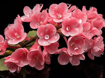 Delicate Pink Flowers With Water Droplets On Black Background