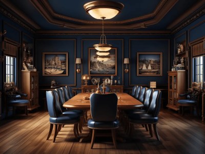 Dining Room Has Blue Walls And Wood Work