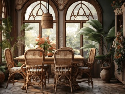 Dining Room Has Wicker Chairs And Plants Around A Table With Shutters